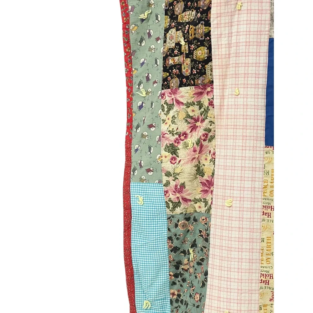 Handmade Twin Strip Quilt Scrappy Tied Patchwork Cottage 52x80